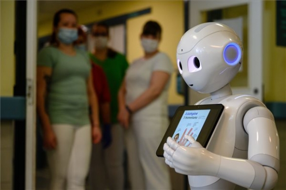 Higi, az Alba Innovár robotja a Fejér Megyei Szent György Egyetemi Oktató Kórházban (MTI/Vasvári Tamás)