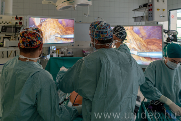 A technikáról tartott összefoglaló előadást követően a résztvevők kivetítőkön, élőben követhették a hat műtétet és közben kérdezhettek is az operáló orvosoktól (Fotó: unideb.hu)
