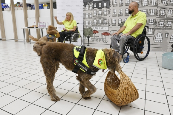 Mányik Richárd, a NEO Magyar Segítőkutya Közhasznú Egyesület elnöke (j) és Mali Erika habilitációs kutyakiképző a Budaörsön tartott sajtótájékoztatón (Fotó: MTI/Lakatos Peter)