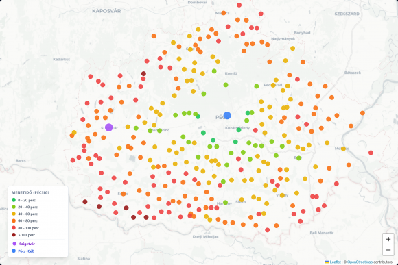 1. ábra. Baranya vármegye települései és a megyeszékhelyre (Pécs) történő tömegközlekedési lehetőségek. A térképen jól látható, hogy a Szigetvár (lilával jelölt) környéki településekről Pécsről történő bejutás nehézkes, így logikus egy Szigetvár központú „spoke” centrum kialakítása, ahol a betegek a pécsivel azonos minőségű ellátáshoz jutnak.