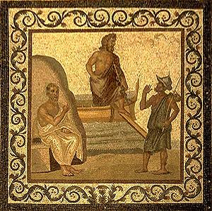 Kosz-szigeti mozaik: középen Aszklépiosz, baloldalt Hippokratész  (hu.wikipedia.org)